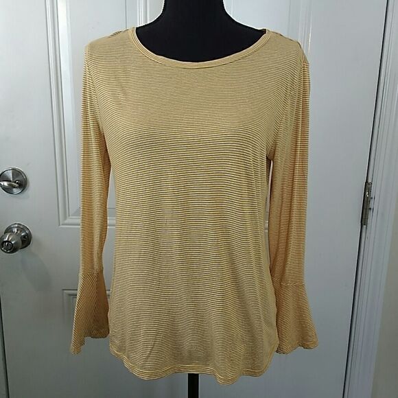 (3/$20) Loft Gold stripe shirt with bell sleeves - Picture 1 of 7